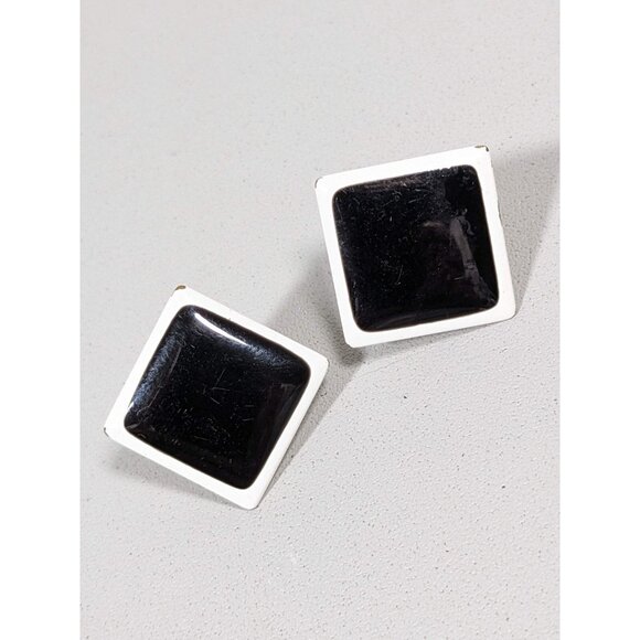 Napier Jewelry - Vintage Napier Black White Square Metallic Clip On Earrings Mid Century Modern